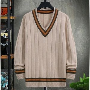 Striped V-Neck Ribbed Sweater